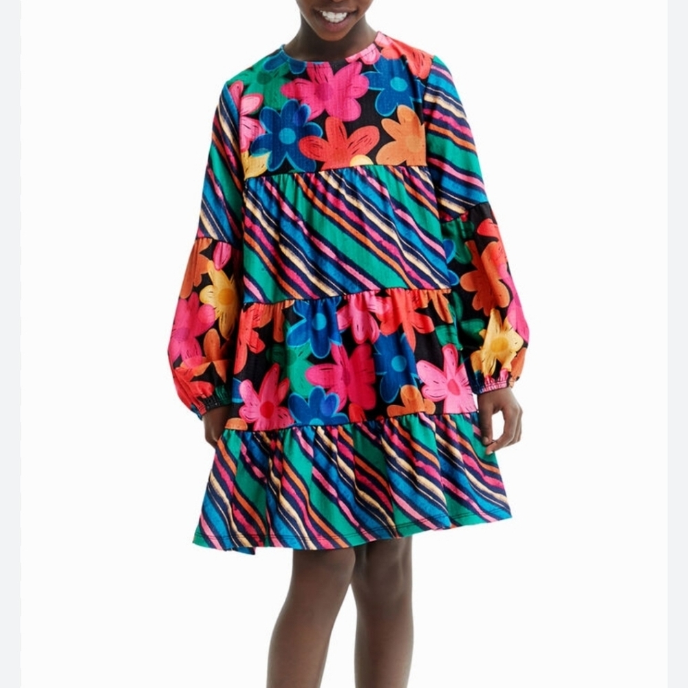 Desigual Girls Floral Print Longsleeve Babydoll Dress Size 11-12 BoHo Bold Artsy